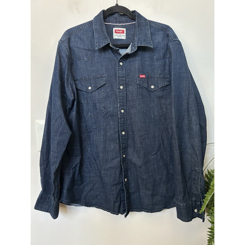 Wrangler Denim Western Pearl Snap Shirt Mens L Blue DarkWash Cowboy Workwear Y2K